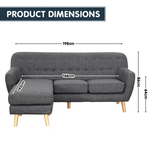 Sarantino Linen Corner Wooden Sofa - Dark Grey | L-shaped with Chaise