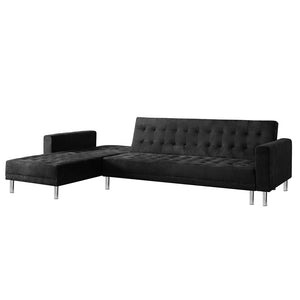 Sarantino Faux Velveteen Corner Wooden Sofa Bed - Black | Chaise Included
