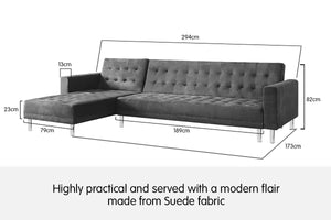 Grey Corner Wooden Sofa Bed Couch with Chaise in Faux Velvet by Sarantino
