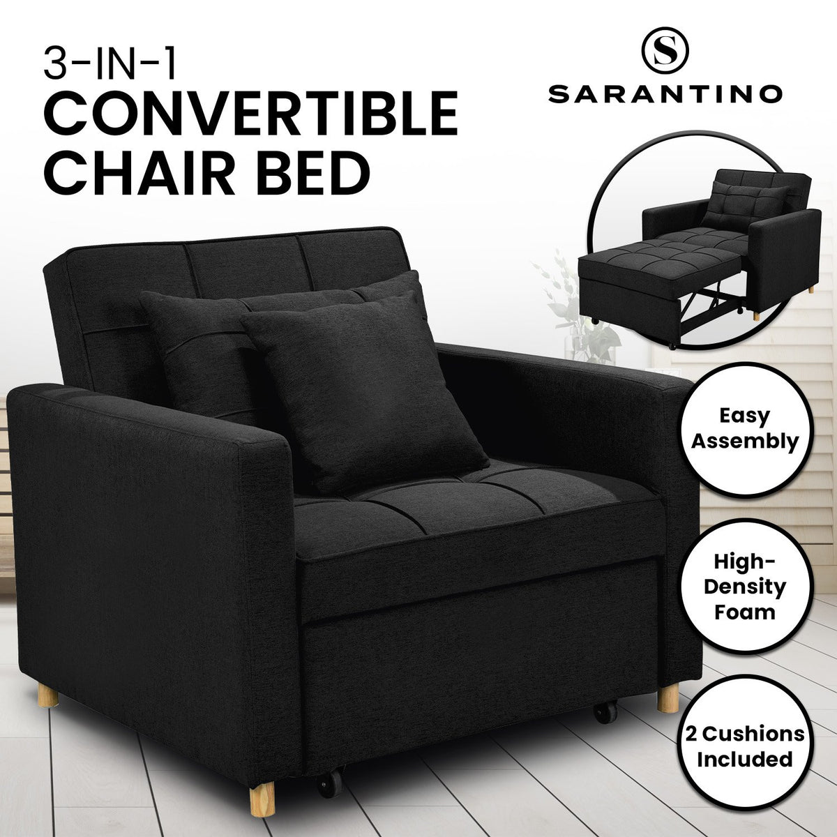 Sarantino Suri 3-in-1 Convertible Lounge Chair Bed - Black | Sleek and Functional