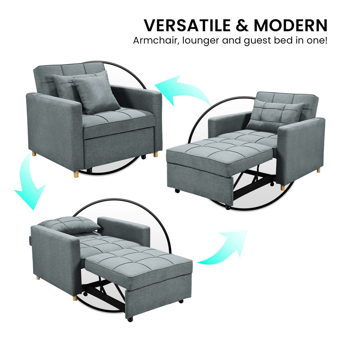 Sarantino Suri 3-in-1 Convertible Sofa Chair Bed - Airforce Blue | Versatile Seating