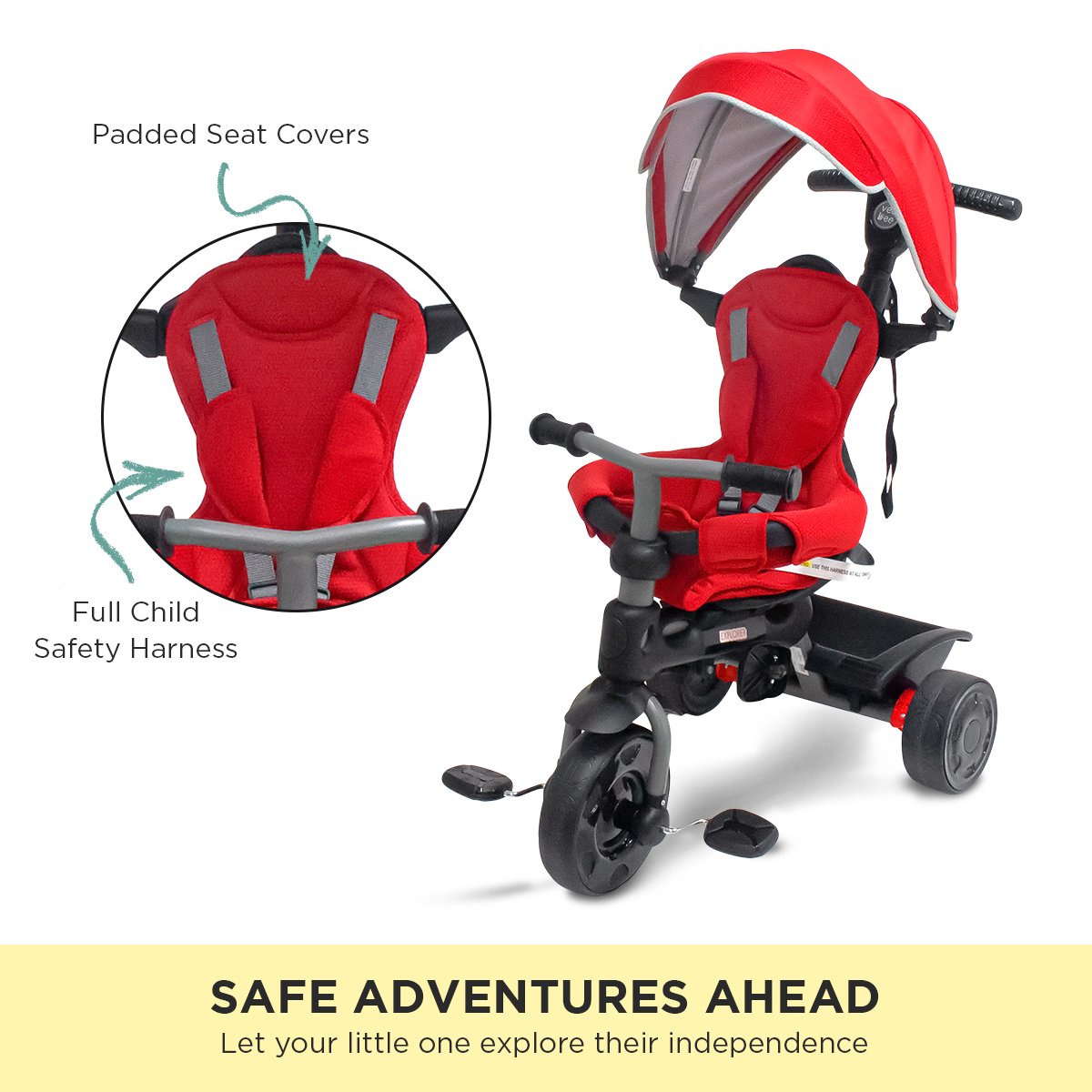 3-stage Kids Trike With Canopy - Red | Veebee Explorer