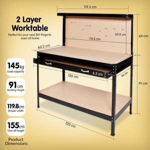 2-layered Steel Work Bench Garage Storage Table Tool Shop Shelf | Pegboard Drawer | KARTRITE