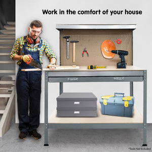2-Layered Work Bench for Garage Storage | Table Tool Shop Shelf in Silver
