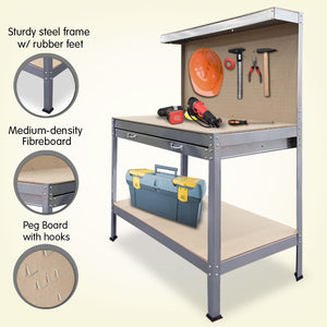 2-Layered Work Bench for Garage Storage | Table Tool Shop Shelf in Silver