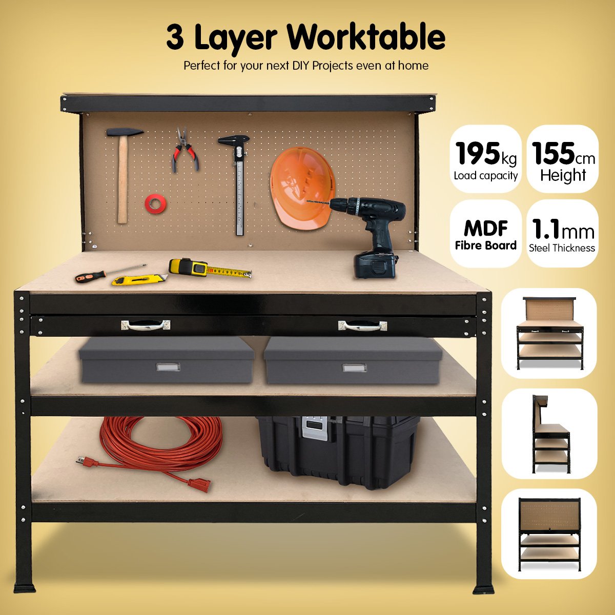 3-layered Work Bench Garage Storage Table Tool Shop Shelf | KARTRITE
