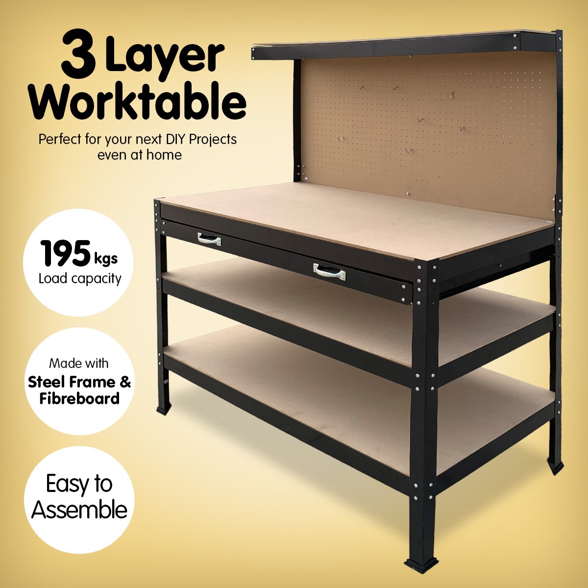 3-layered Work Bench Garage Storage Table Tool Shop Shelf | KARTRITE