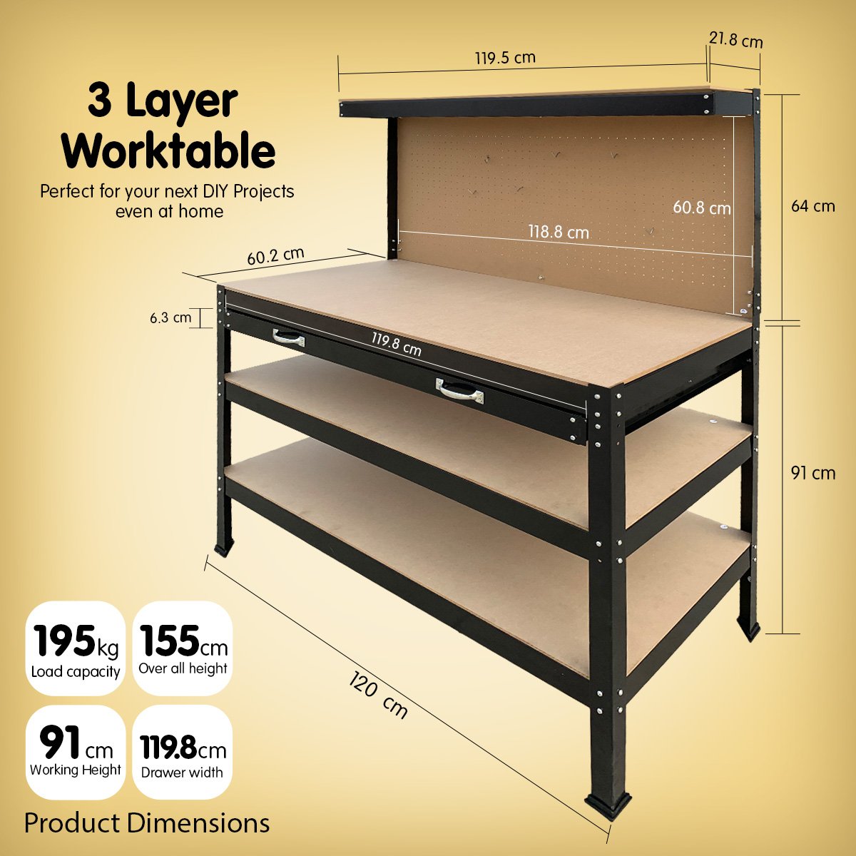 3-layered Work Bench Garage Storage Table Tool Shop Shelf | KARTRITE