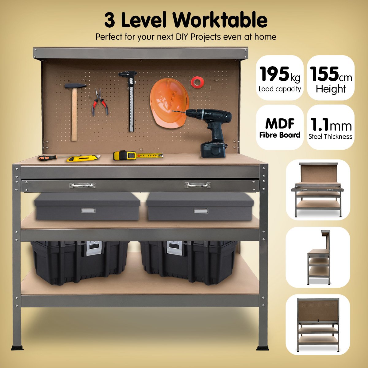 3-layered Work Bench Garage Storage Table Tool Shop Shelf | Silver | KARTRITE