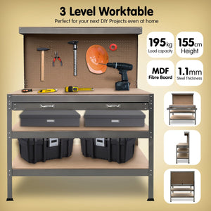 3-layered Work Bench Garage Storage Table Tool Shop Shelf | Silver | KARTRITE