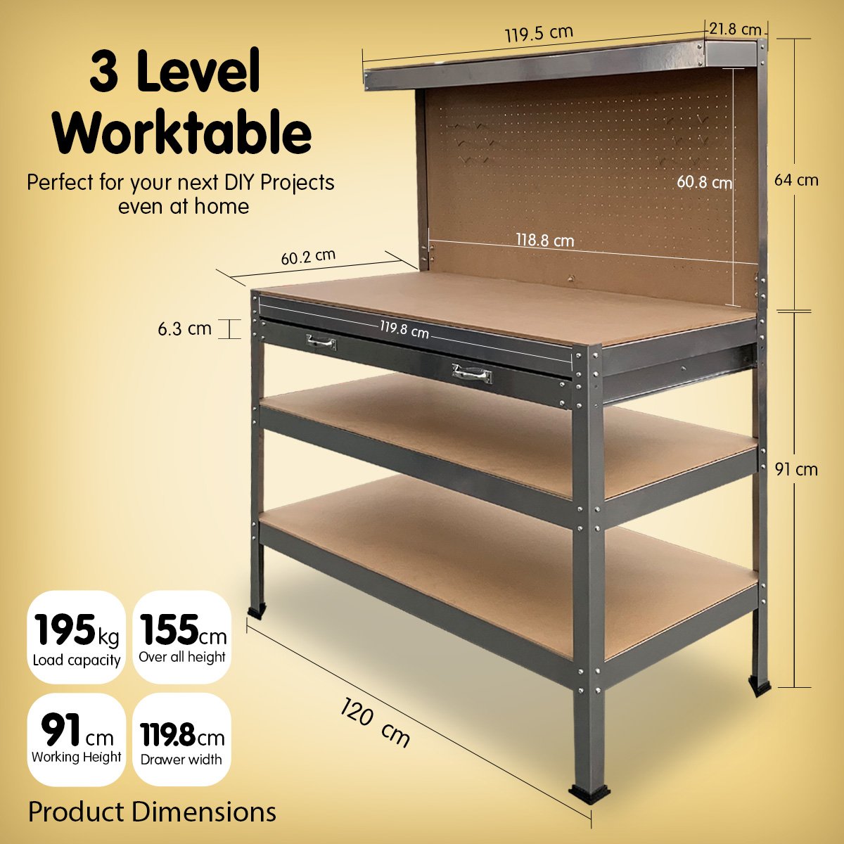 3-layered Work Bench Garage Storage Table Tool Shop Shelf | Silver | KARTRITE