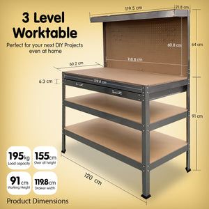 3-layered Work Bench Garage Storage Table Tool Shop Shelf | Silver | KARTRITE