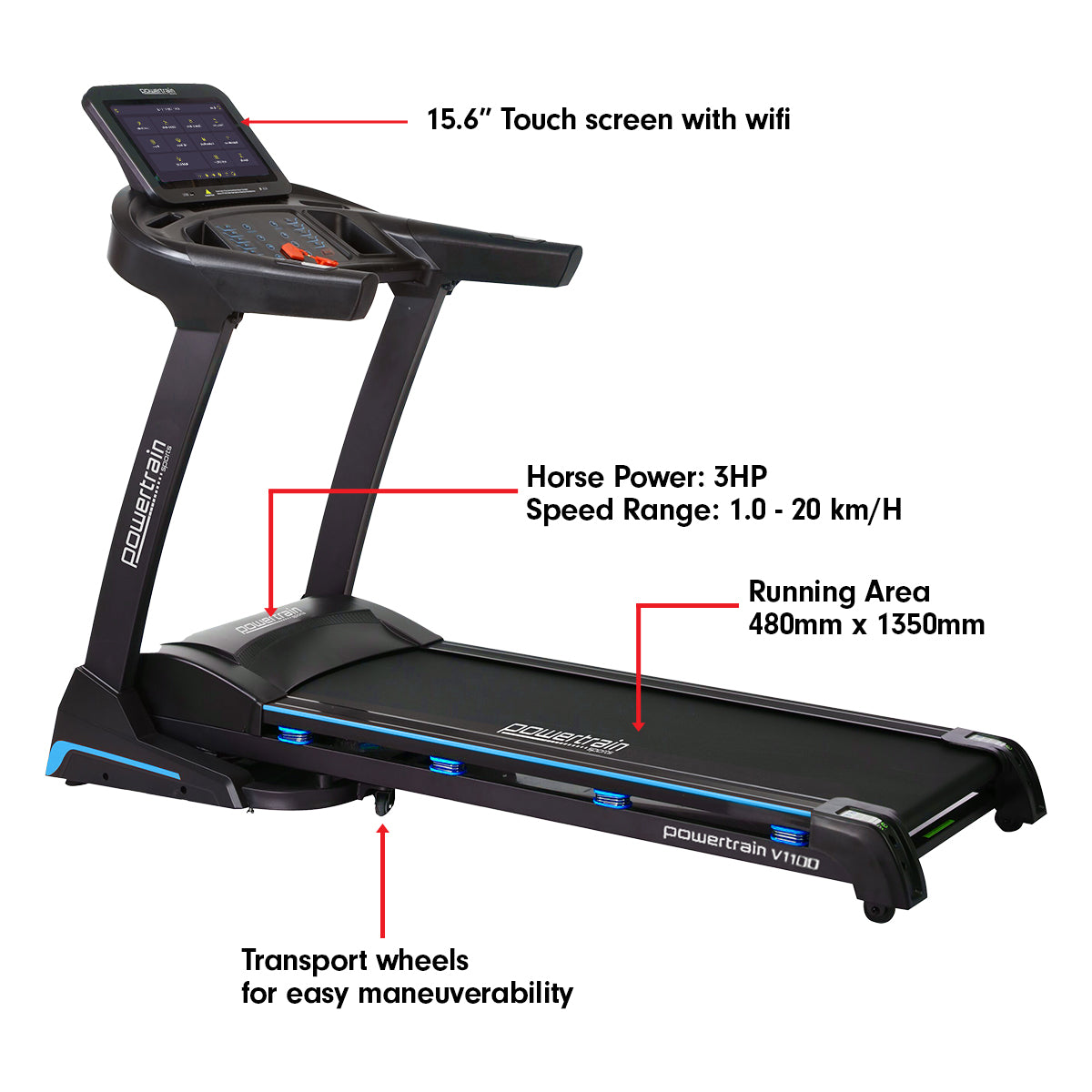 V1100 Treadmill with Wifi Touch Screen & Incline
