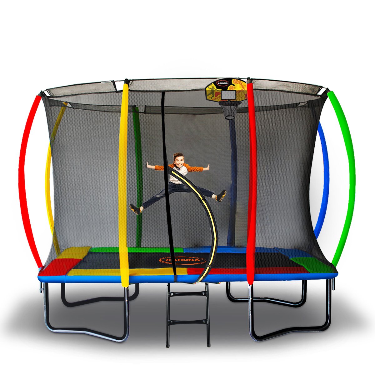 Kahuna Outdoor Rectangular Rainbow Trampoline | Safety Enclosure | Basketball Hoop Set | 8ft x 11ft