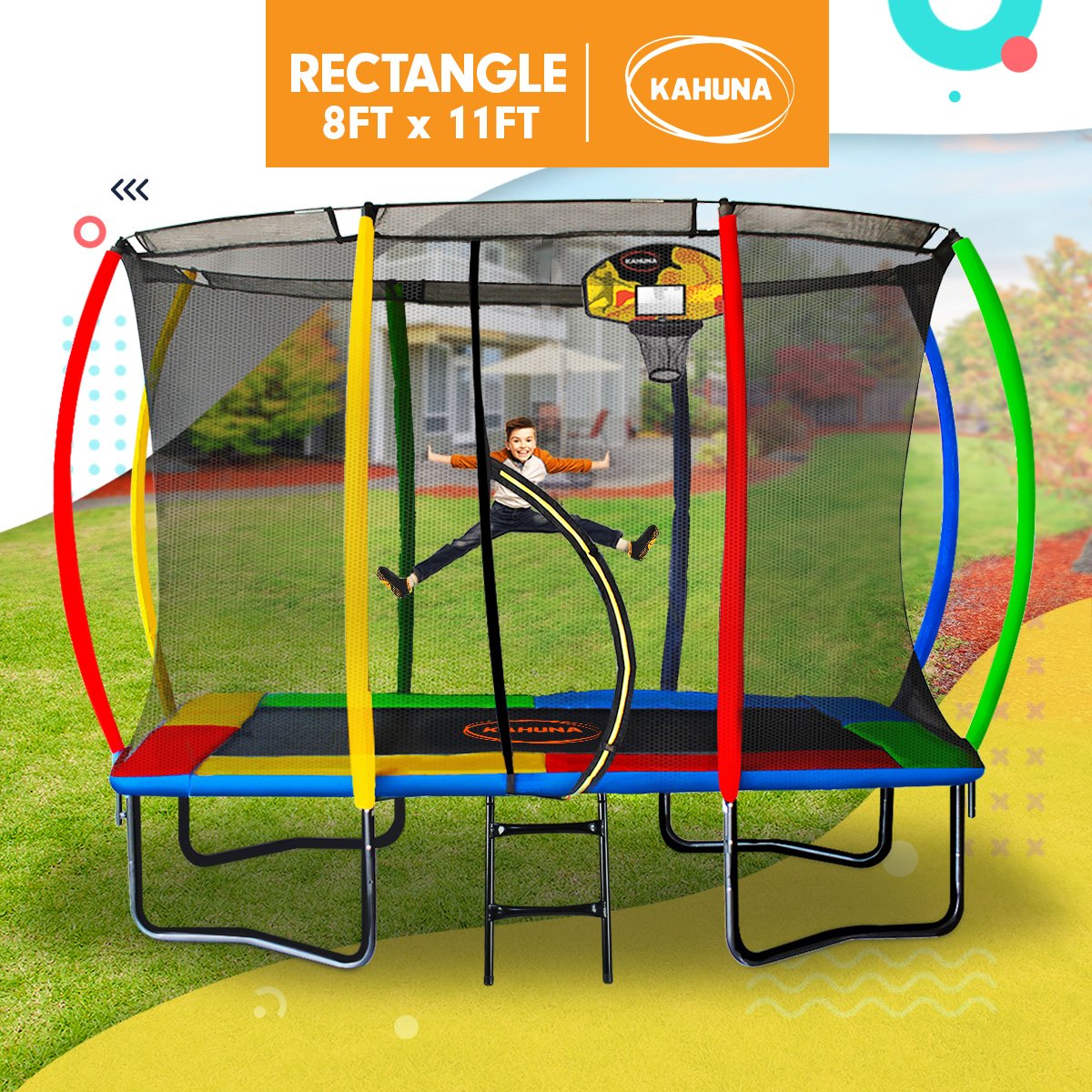 Kahuna Outdoor Rectangular Rainbow Trampoline | Safety Enclosure | Basketball Hoop Set | 8ft x 11ft