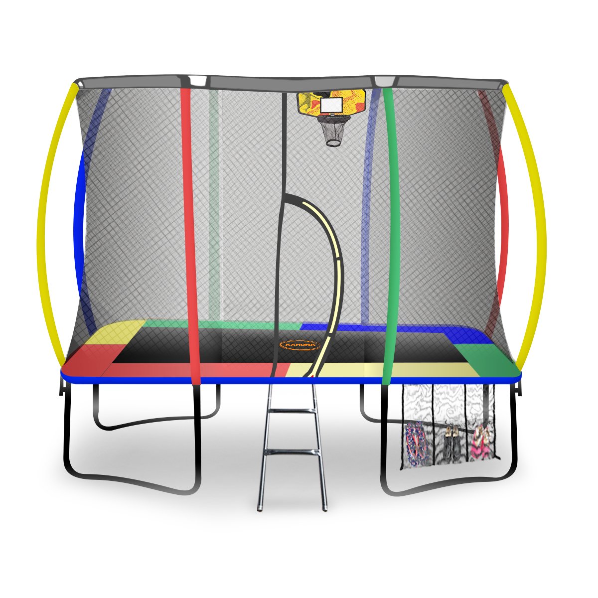 Outdoor Rectangular Rainbow Trampoline - 6ft x 9ft | Safety Enclosure, Basketball Hoop Set by Kahuna