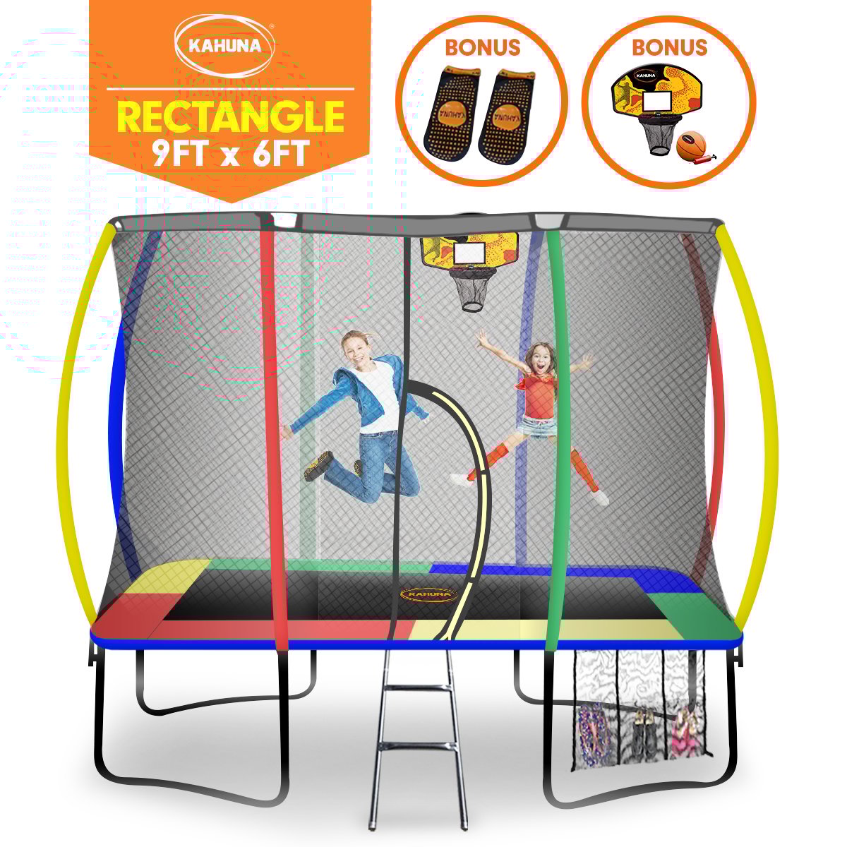 Outdoor Rectangular Rainbow Trampoline - 6ft x 9ft | Safety Enclosure, Basketball Hoop Set by Kahuna