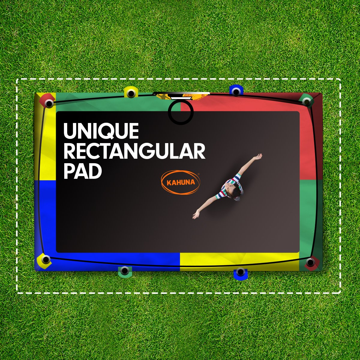 Outdoor Rectangular Rainbow Trampoline - 6ft x 9ft | Safety Enclosure, Basketball Hoop Set by Kahuna