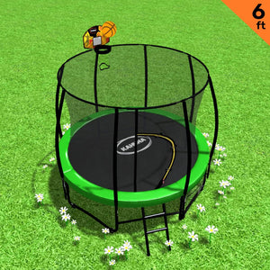 6ft Outdoor Round Green Trampoline with Safety Enclosure and Basketball Hoop Set