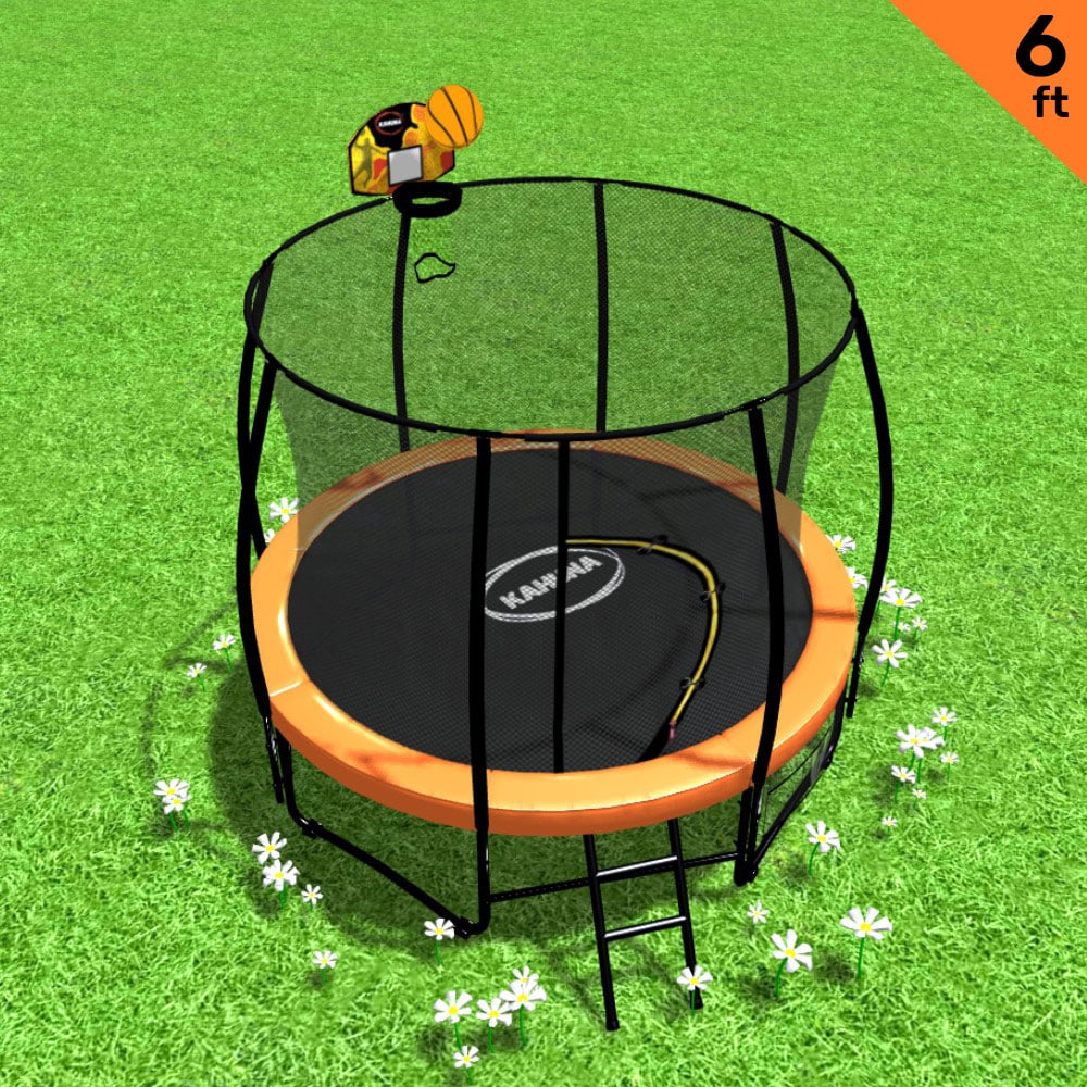 Classic 6ft Outdoor Round Orange Trampoline with Safety Enclosure and Basketball Hoop Set