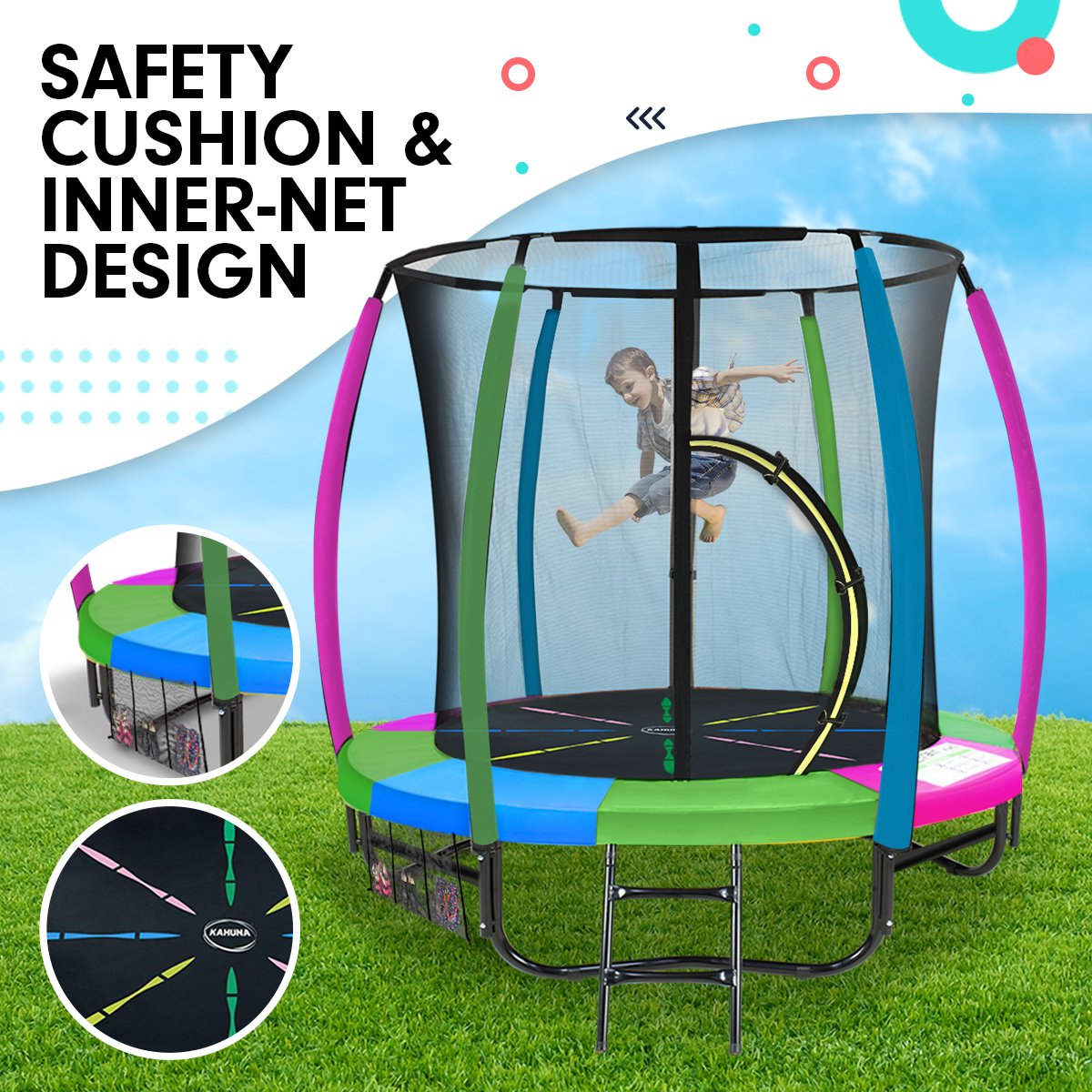 6ft Trampoline - Round | Free Pad Cover, Spring Mat, Net, Safety Net Enclosure - Rainbow