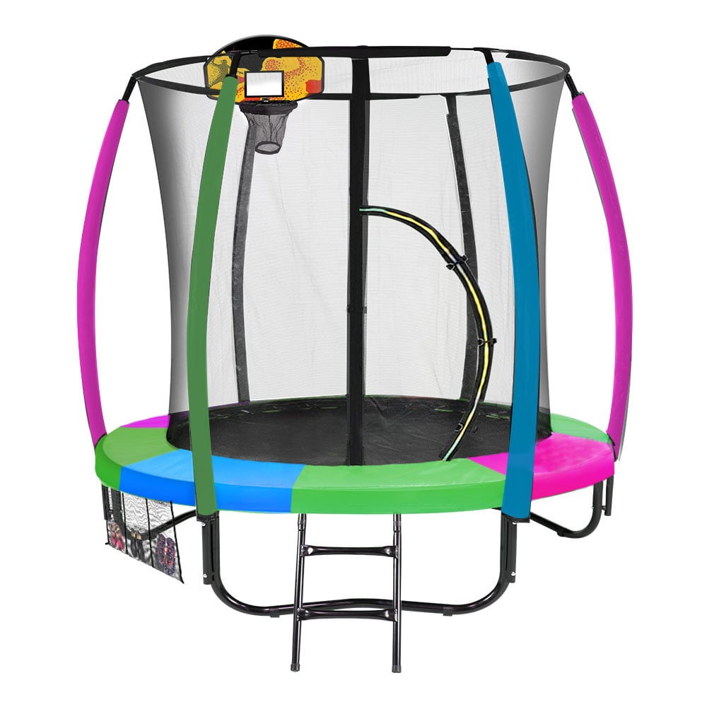 Classic Trampoline - 6ft | Free Ladder, Spring Mat, Net, Safety Pad Cover, Round Enclosure, Basketball Set - Rainbow