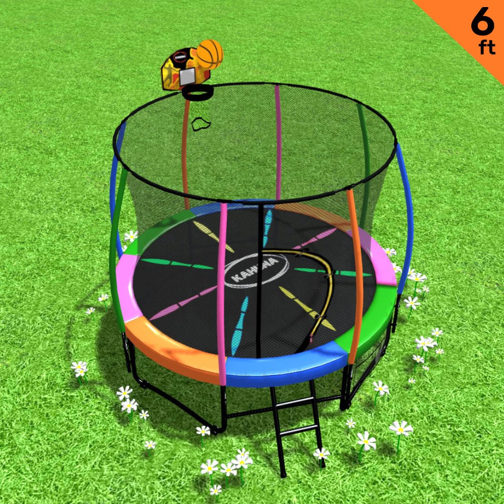 Classic Trampoline - 6ft | Free Ladder, Spring Mat, Net, Safety Pad Cover, Round Enclosure, Basketball Set - Rainbow