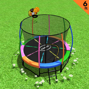 Classic Trampoline - 6ft | Free Ladder, Spring Mat, Net, Safety Pad Cover, Round Enclosure, Basketball Set - Rainbow