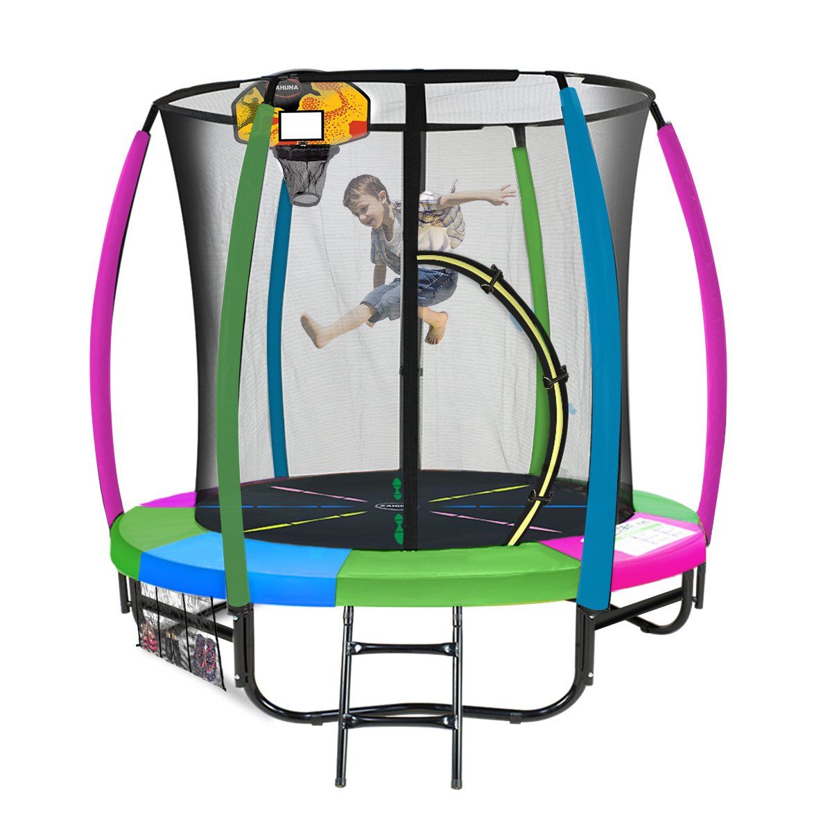 Classic Trampoline - 6ft | Free Ladder, Spring Mat, Net, Safety Pad Cover, Round Enclosure, Basketball Set - Rainbow