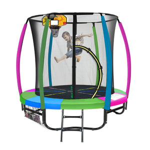 Classic Trampoline - 6ft | Free Ladder, Spring Mat, Net, Safety Pad Cover, Round Enclosure, Basketball Set - Rainbow