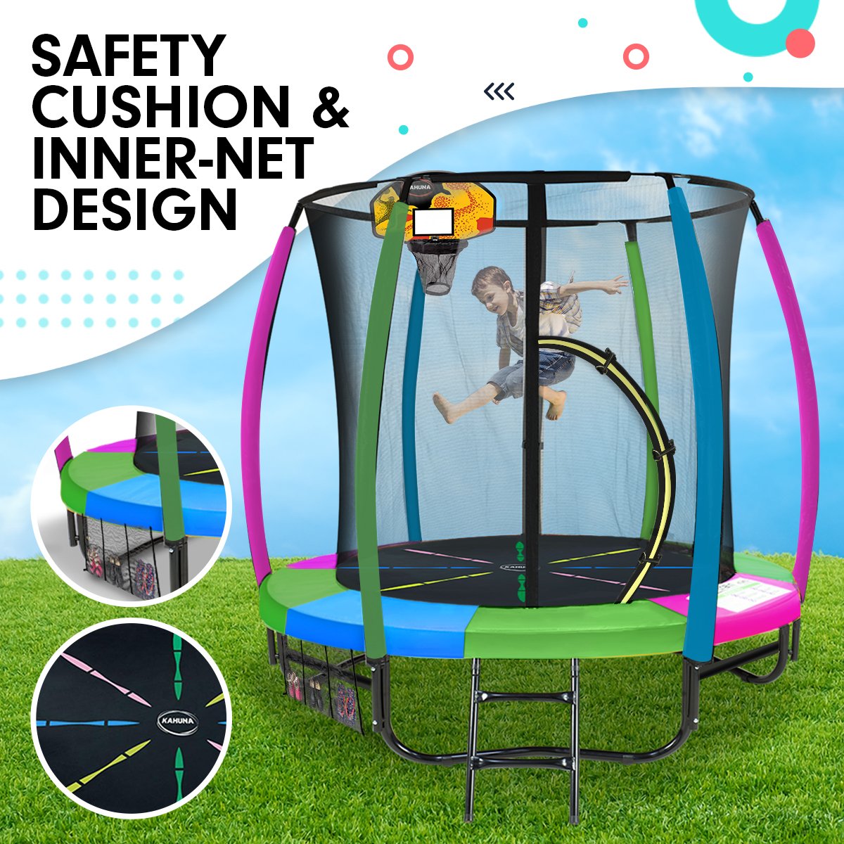 Classic Trampoline - 6ft | Free Ladder, Spring Mat, Net, Safety Pad Cover, Round Enclosure, Basketball Set - Rainbow