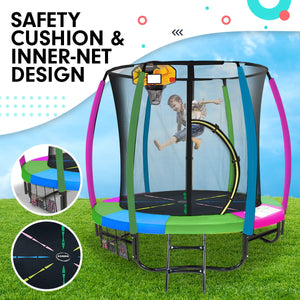 Classic Trampoline - 6ft | Free Ladder, Spring Mat, Net, Safety Pad Cover, Round Enclosure, Basketball Set - Rainbow