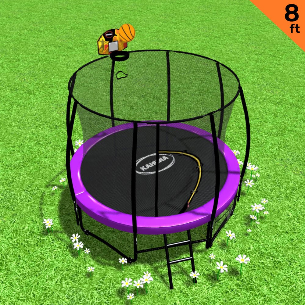 Outdoor Trampoline - 8ft | Kids Children With Safety Enclosure, Mat, Pad, Net, Ladder, Basketball Hoop Set - Purple by Kahuna