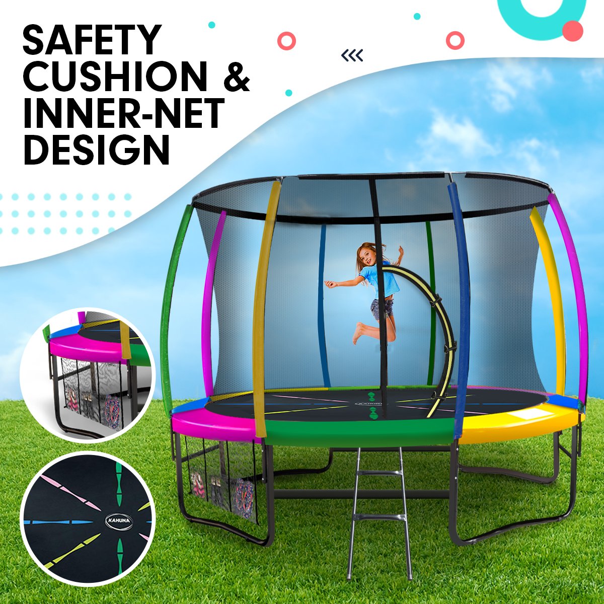 Outdoor Rainbow Trampoline - 8ft | Kids And Children Suited For Fitness Exercise Gymnastics With Safety Enclosure by Kahuna