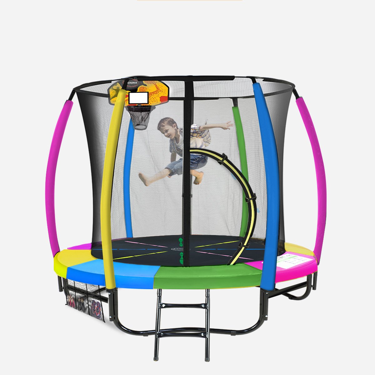 Outdoor Trampoline - 8ft | Kids Children With Safety Enclosure, Mat, Pad, Net, Ladder, Basketball Hoop Set - Rainbow by Kahuna