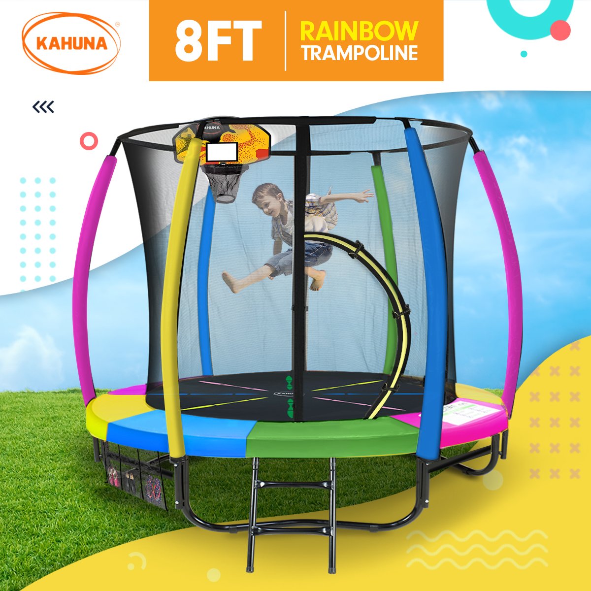 Outdoor Trampoline - 8ft | Kids Children With Safety Enclosure, Mat, Pad, Net, Ladder, Basketball Hoop Set - Rainbow by Kahuna