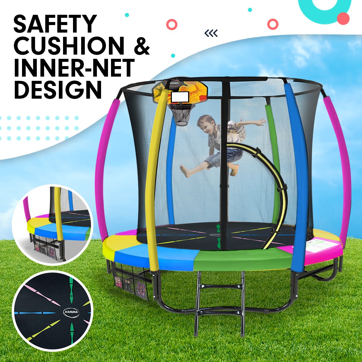 Outdoor Trampoline - 8ft | Kids Children With Safety Enclosure, Mat, Pad, Net, Ladder, Basketball Hoop Set - Rainbow by Kahuna