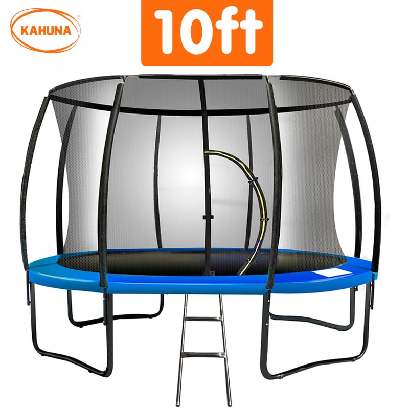 10ft Round Trampoline with Free Ladder, Spring Mat, Safety Pad Cover, and Enclosure - Blue