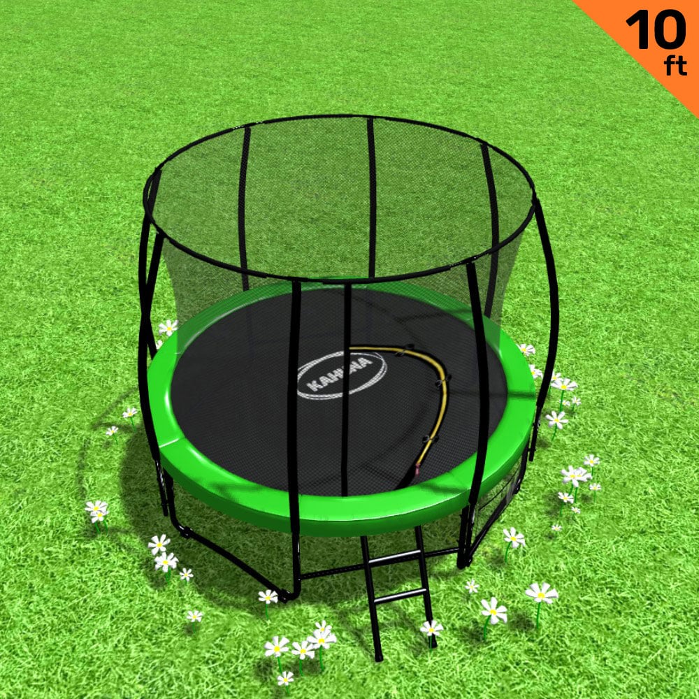 10ft Trampoline | Free Ladder | Spring Mat | Net Safety Pad Cover | Round Enclosure | Green | Kahuna