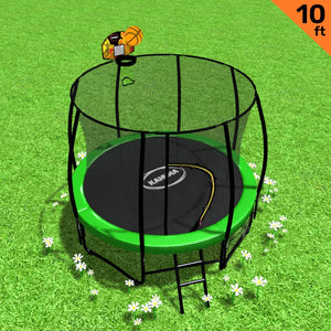 10ft Outdoor Trampoline With Safety Enclosure Pad | Ladder | Basketball Hoop Set | Green | Kahuna