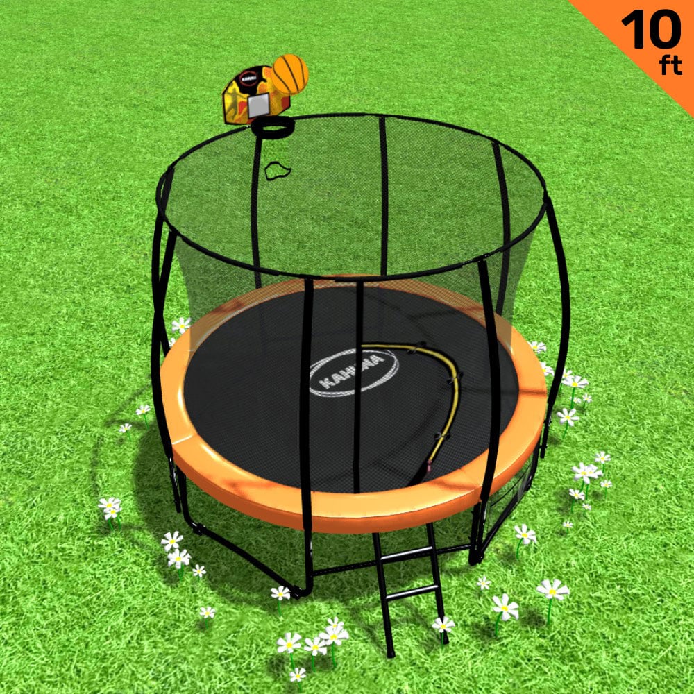 Outdoor Trampoline - 10ft | Kids Children With Safety Enclosure, Mat, Pad, Net, Ladder, Basketball Hoop Set - Orange