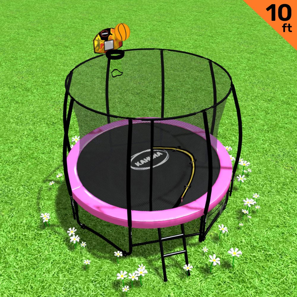 Outdoor Trampoline - 10ft | Safety Enclosure, Pad, Ladder, Basketball Hoop Set - Pink