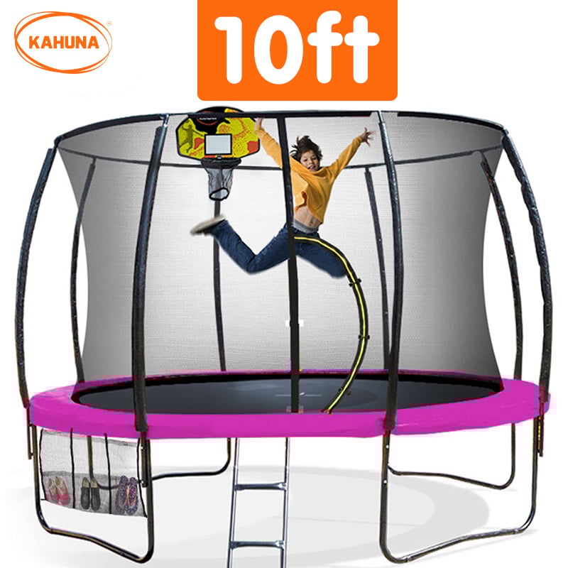 Outdoor Trampoline - 10ft | Safety Enclosure, Pad, Ladder, Basketball Hoop Set - Pink