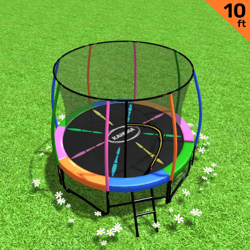 Outdoor Trampoline - 10ft | Safety Enclosure, Pad, Mat, Ladder - Rainbow