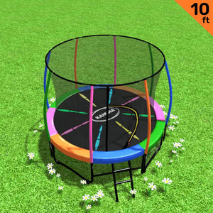 Outdoor Trampoline - 10ft | Safety Enclosure, Pad, Mat, Ladder - Rainbow