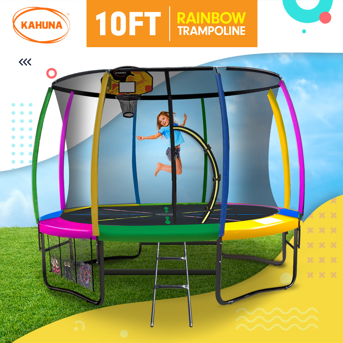 Outdoor Trampoline - 10ft | Safety Enclosure, Pad, Mat, Ladder, Basketball Hoop Set - Rainbow