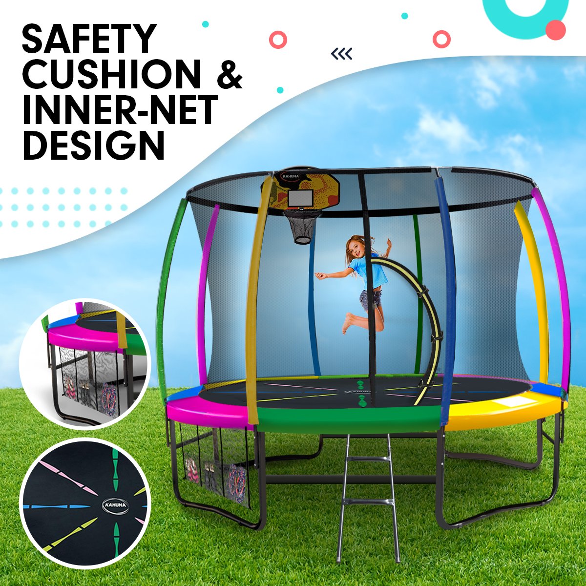 Outdoor Trampoline - 10ft | Safety Enclosure, Pad, Mat, Ladder, Basketball Hoop Set - Rainbow