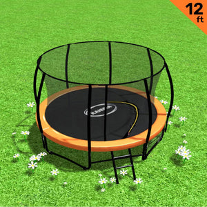 Trampoline - 12ft | Free Ladder, Spring Mat, Net, Safety Pad Cover, Round Enclosure - Orange