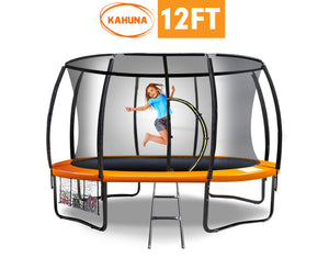 Trampoline - 12ft | Free Ladder, Spring Mat, Net, Safety Pad Cover, Round Enclosure - Orange