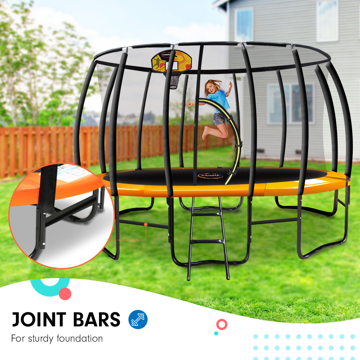 Outdoor Trampoline for Kids and Children - 12ft | Safety Enclosure, Pad, Mat, Ladder, Basketball Hoop Set - Orange